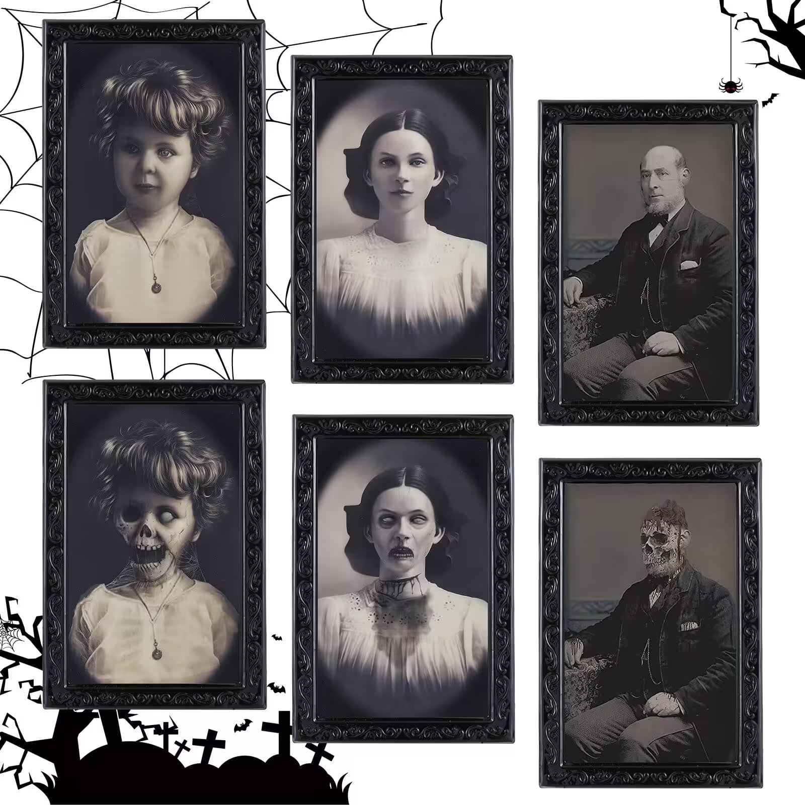 Set of black and white portraits in ornate frames with a Halloween-themed background.