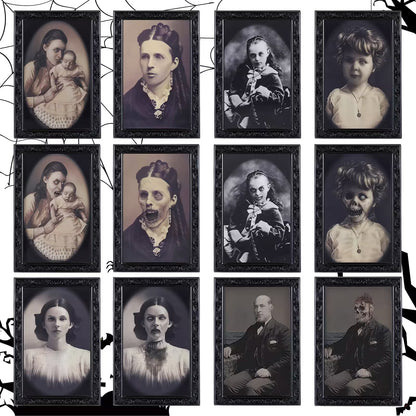 Collection of framed black and white portraits with a dark, eerie atmosphere.