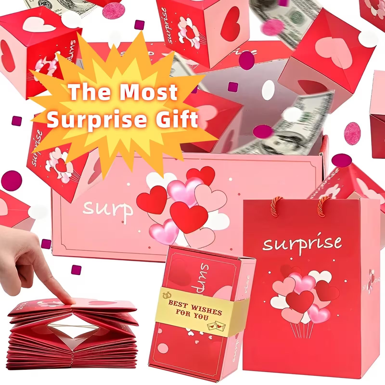 Surprise gift box with heart designs, money, and 'surprise' bags on a white background.