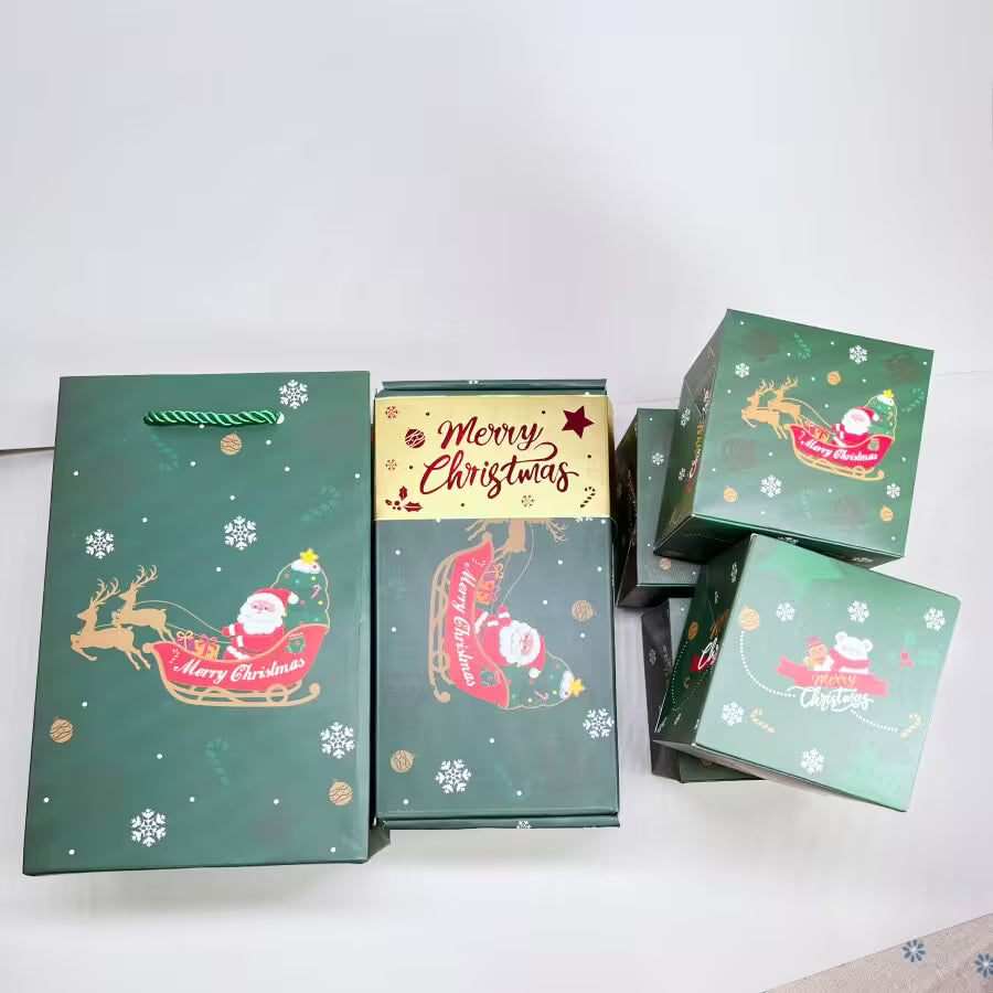 Set of Christmas-themed gift boxes with Santa Claus illustrations on a white background