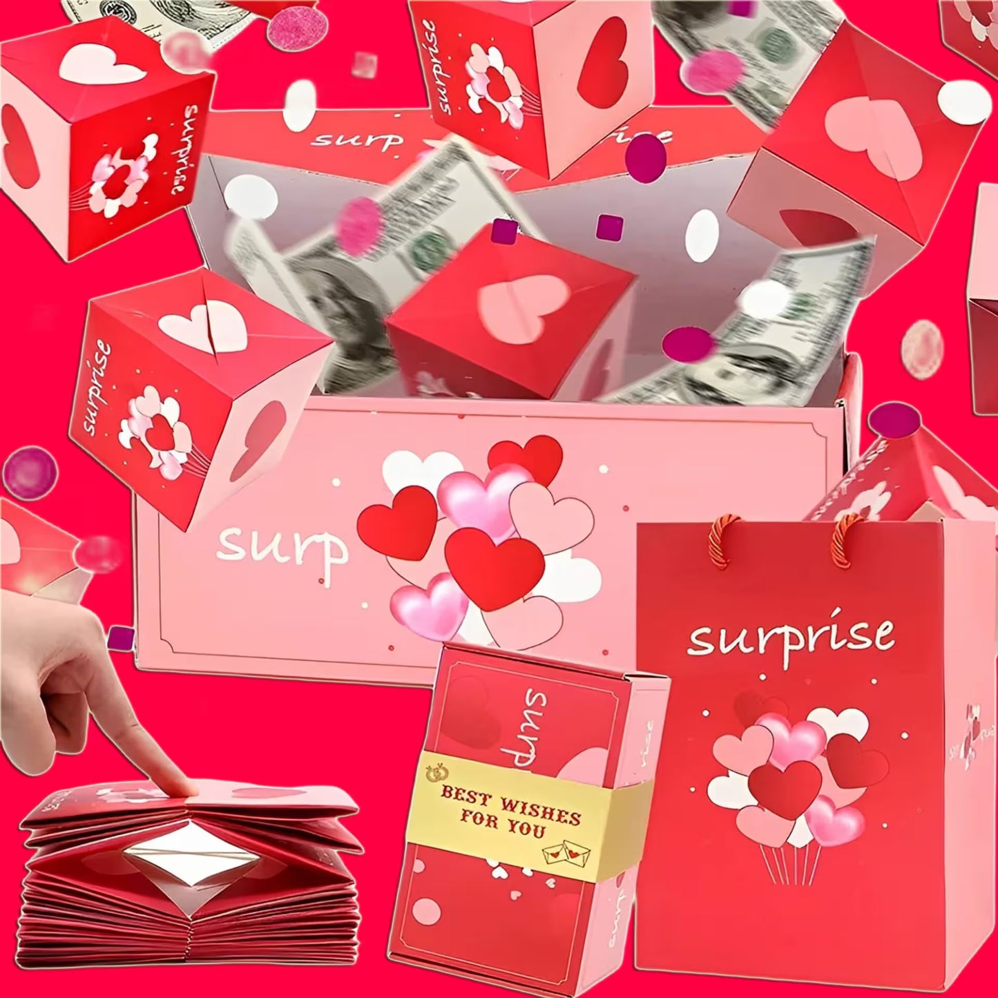 Surprise box with money, cards, and a gift bag on a red background