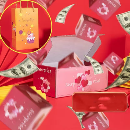Open gift box with 'surprise' text and dollar bills on a red background