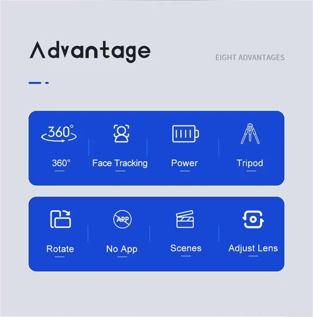 List of eight advantages with icons and text on a blue and gray background