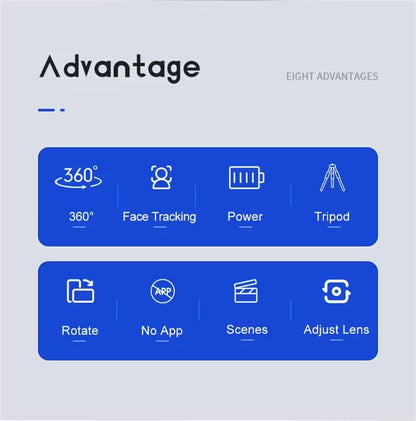 List of eight advantages with icons and text on a blue and gray background