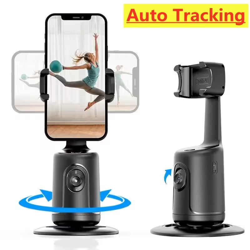 Phone gimbal with smartphone displaying a person playing tennis, labeled 'Auto Tracking'.