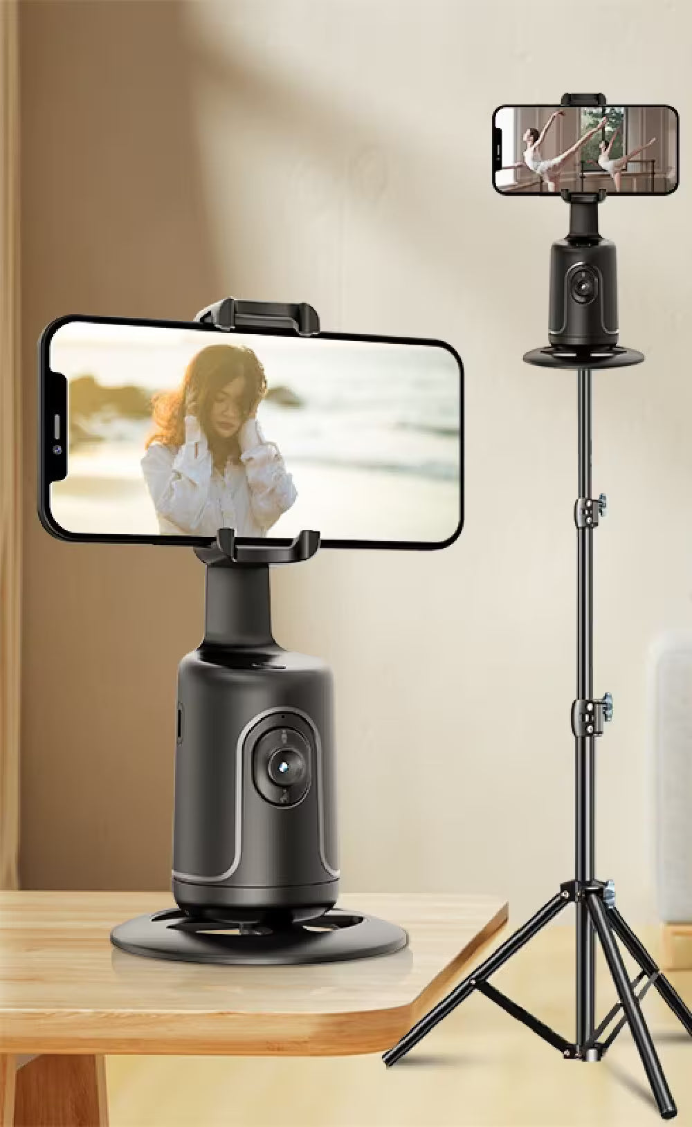 Phone holder with smartphone on a stand displaying a video call setup.