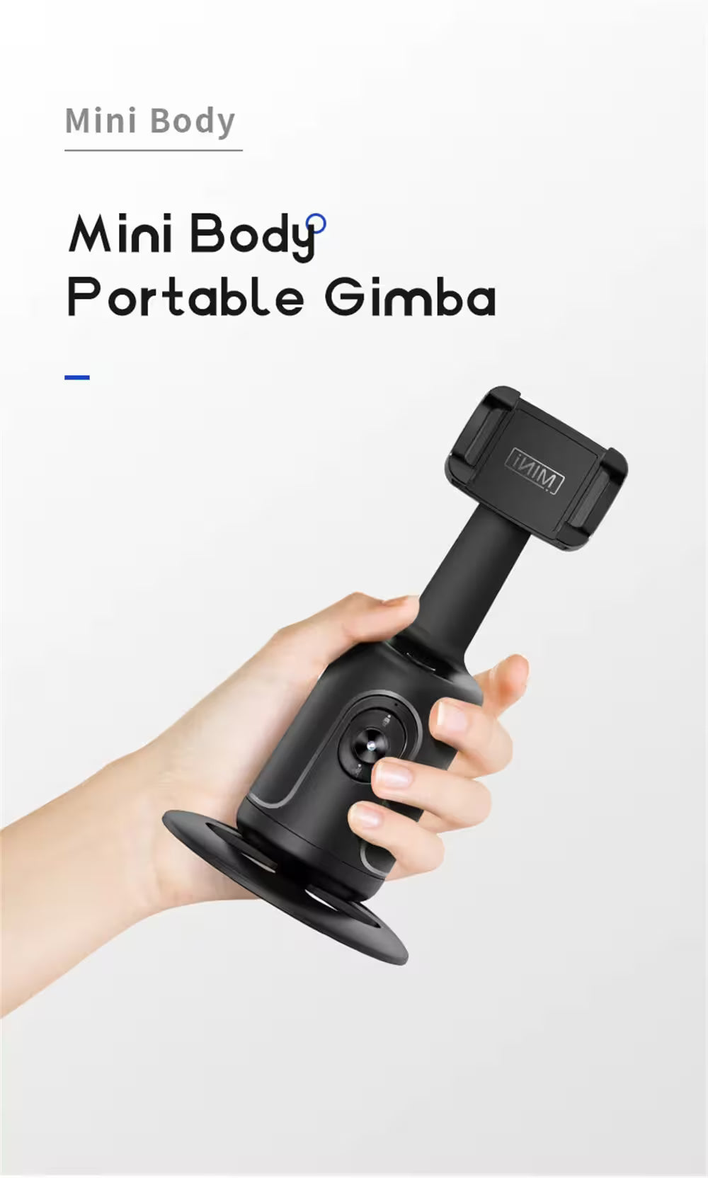 Hand holding a black portable gimbal with 'Mini Body' branding on a light gray background
