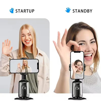 Two women using a smartphone with a selfie stick, one labeled 'Startup' and the other 'Standby'.