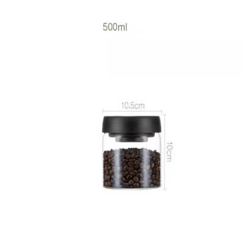 Glass container with black lid filled with coffee beans, showing dimensions on a white background.