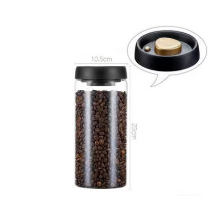 Glass container with coffee beans and black lid, showing dimensions on a white background
