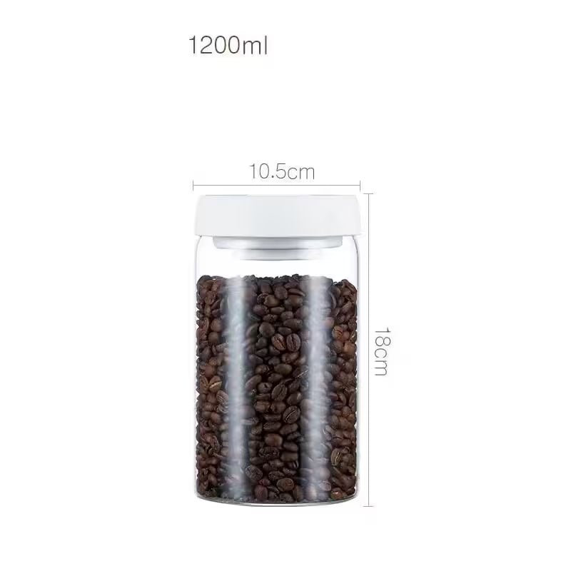 Glass jar with coffee beans and dimensions on a white background