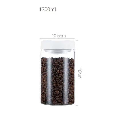 Glass jar with coffee beans and dimensions on a white background