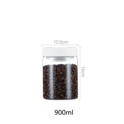 Glass jar with coffee beans and dimensions on a white background