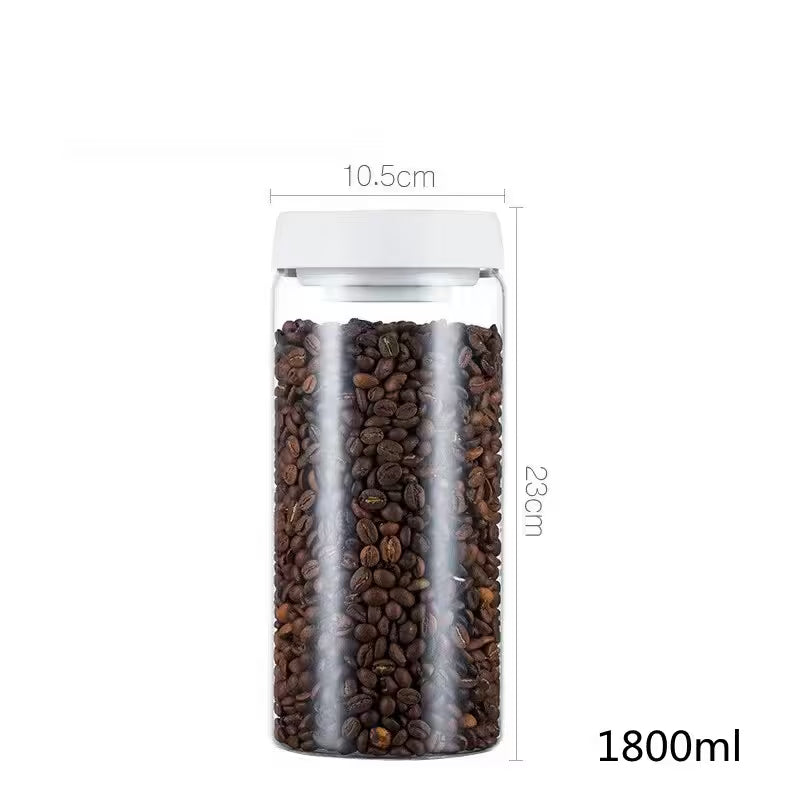 Clear container with coffee beans and dimensions on a white background