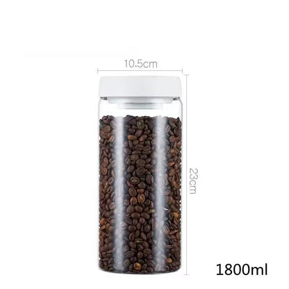 Clear container with coffee beans and dimensions on a white background