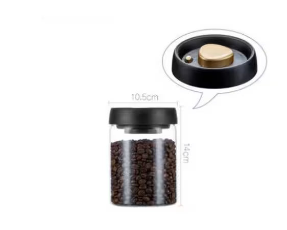 Glass jar with black lid containing coffee beans, showing dimensions on a white background.