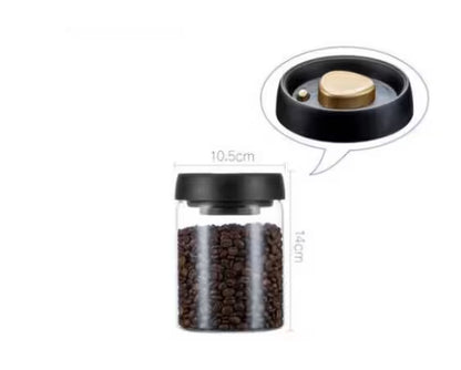 Glass jar with black lid containing coffee beans, showing dimensions on a white background.