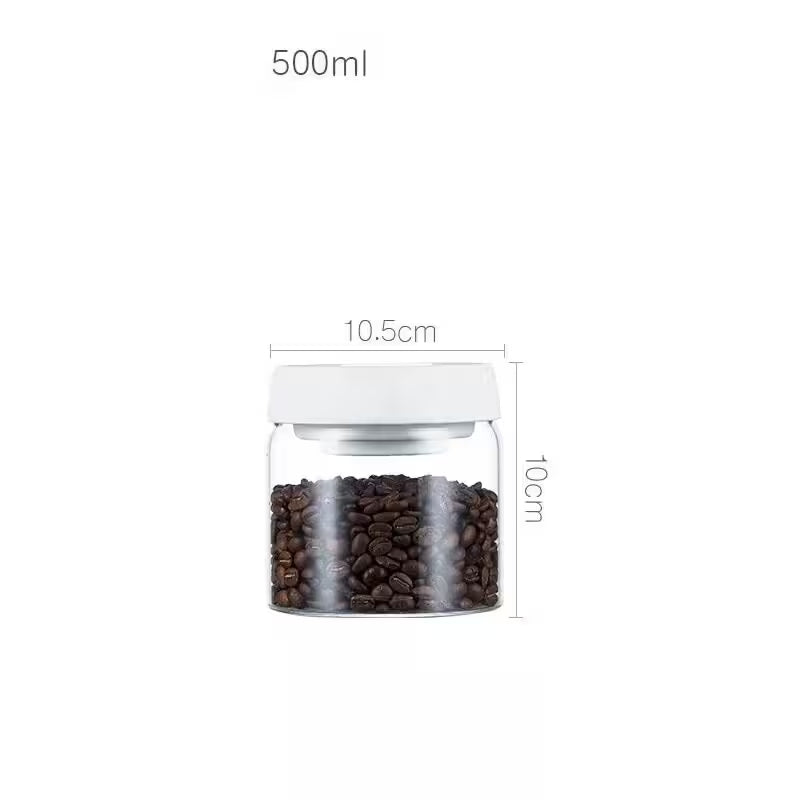 Glass jar with white lid containing coffee beans, labeled with dimensions on a white background