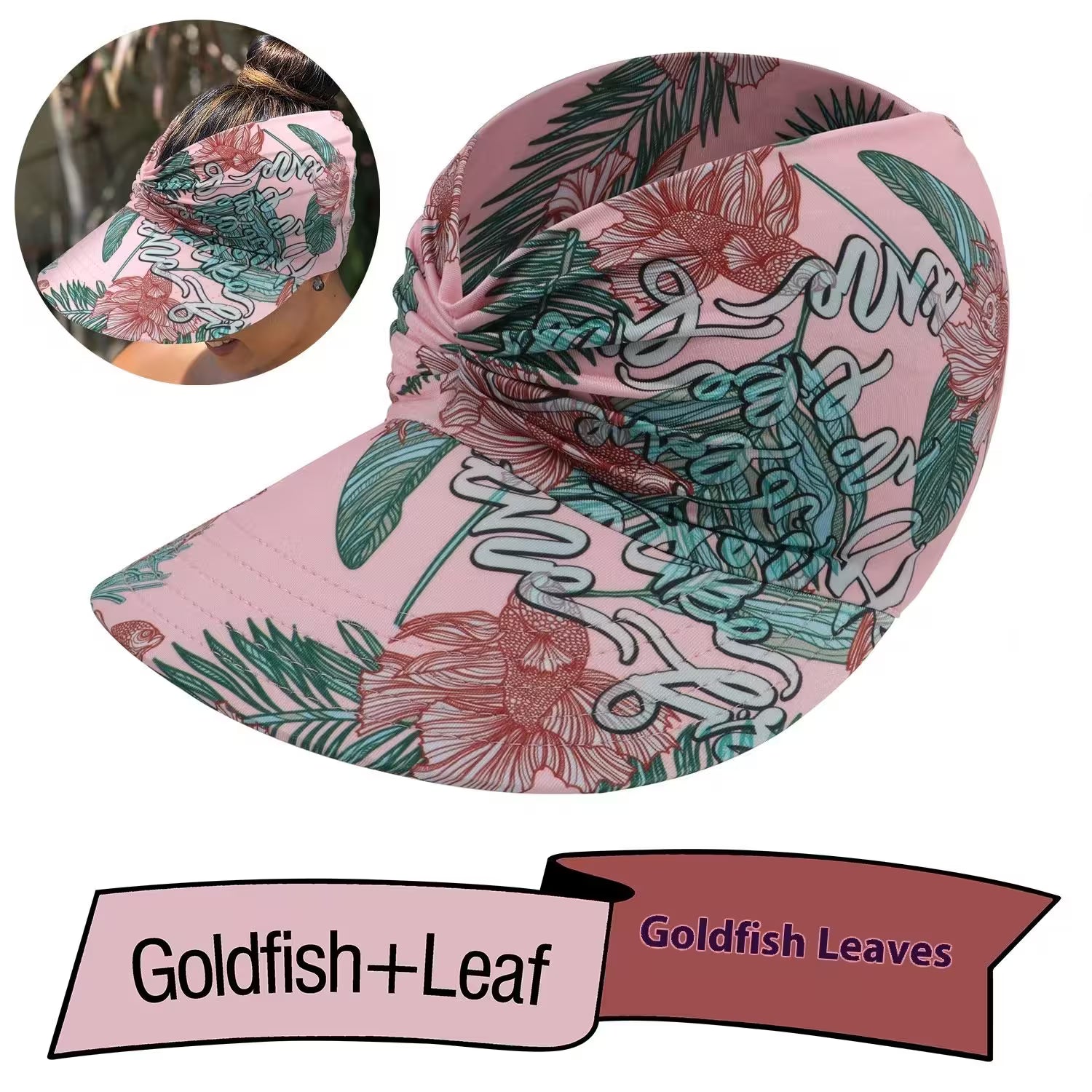 Floral and script patterned visor cap with 'Goldfish + Leaf' branding.