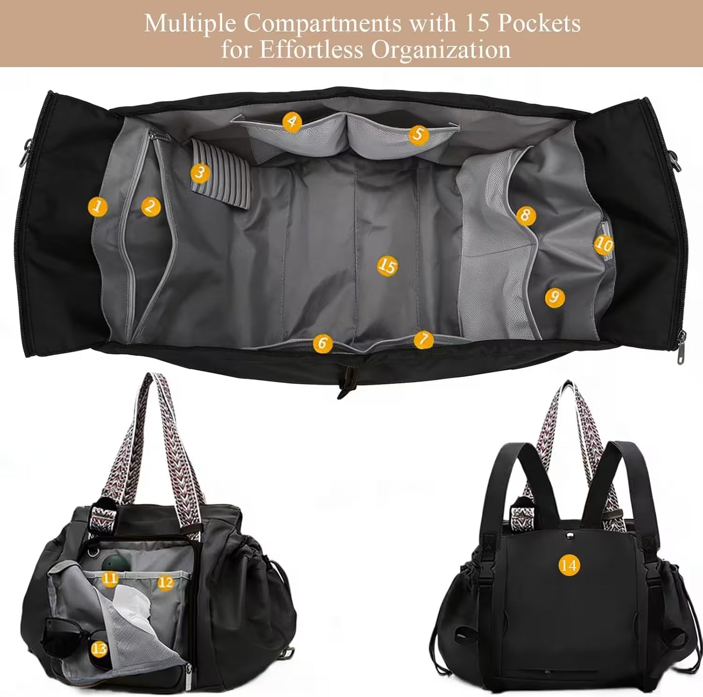 Black and gray bag with multiple compartments and 15 pockets for organization, shown from different angles.