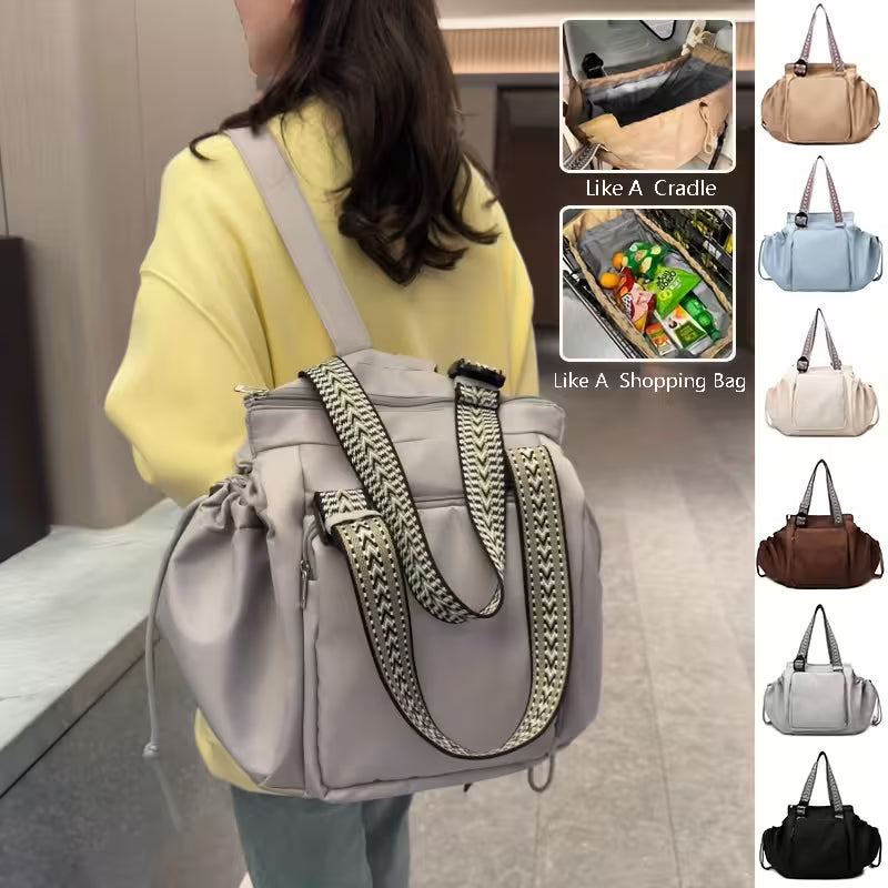Woman carrying a gray backpack with additional images of the bag in different colors.