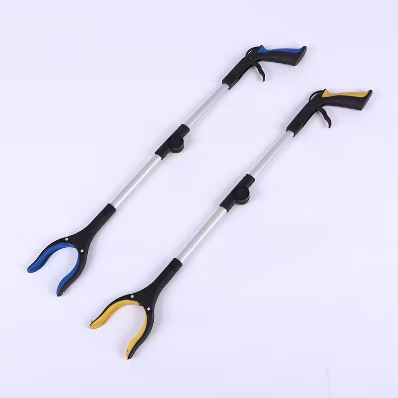 Two extendable reach tools with black, blue, and yellow handles on a white background