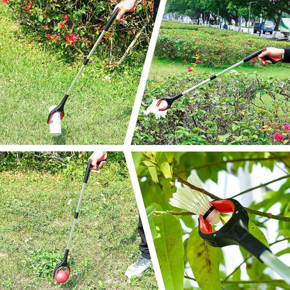 Collage of a garden pruner being used to trim grass and branches.