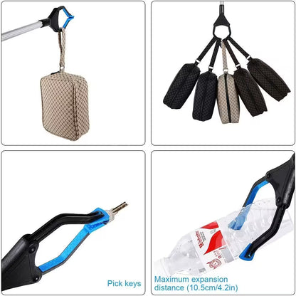 Collage of various carabiner products including a pouch, multiple carabiners, a pick key, and a water bottle holder.