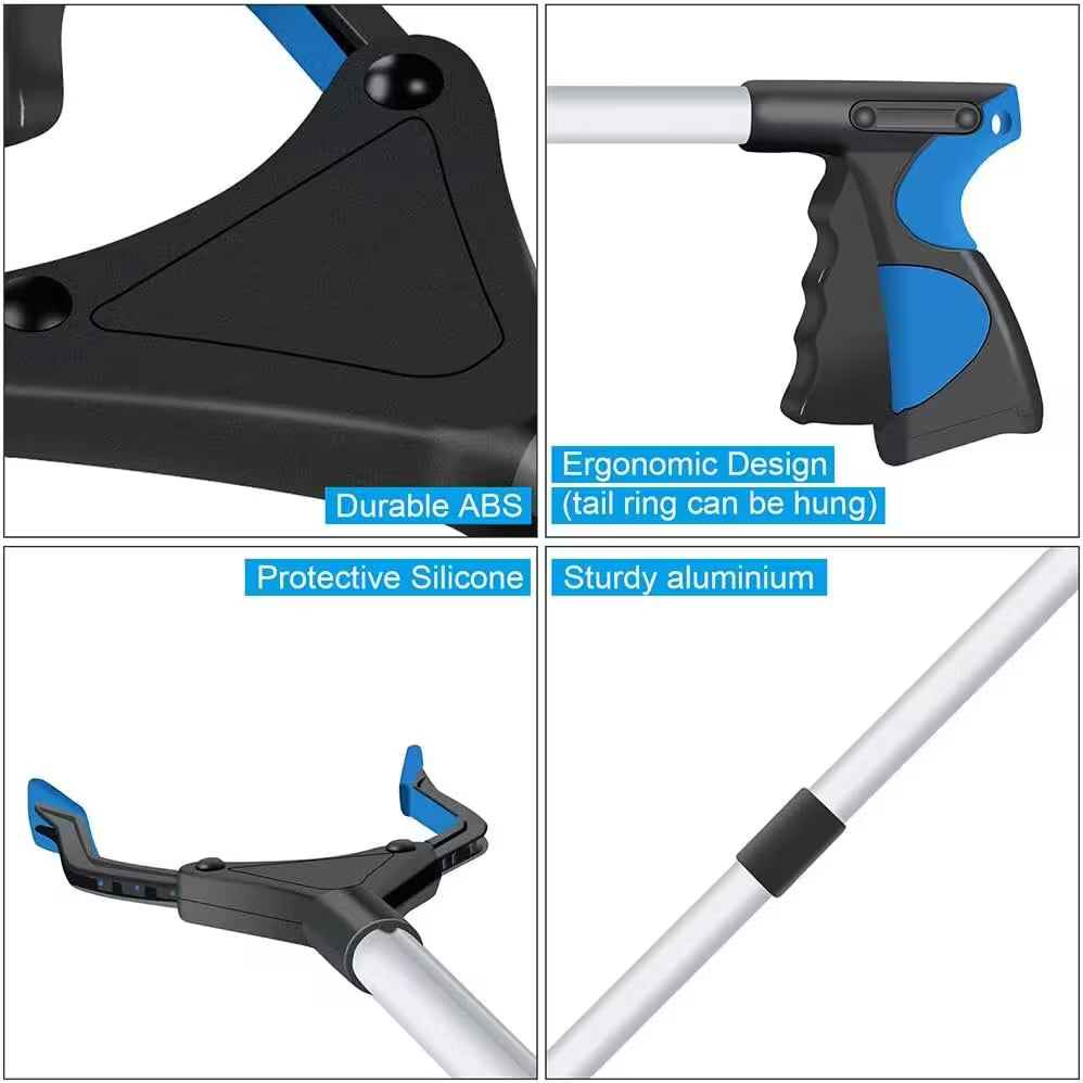 Close-up of a dog leash handle with text highlighting features like durable ABS, ergonomic design, protective silicone, and sturdy aluminum.