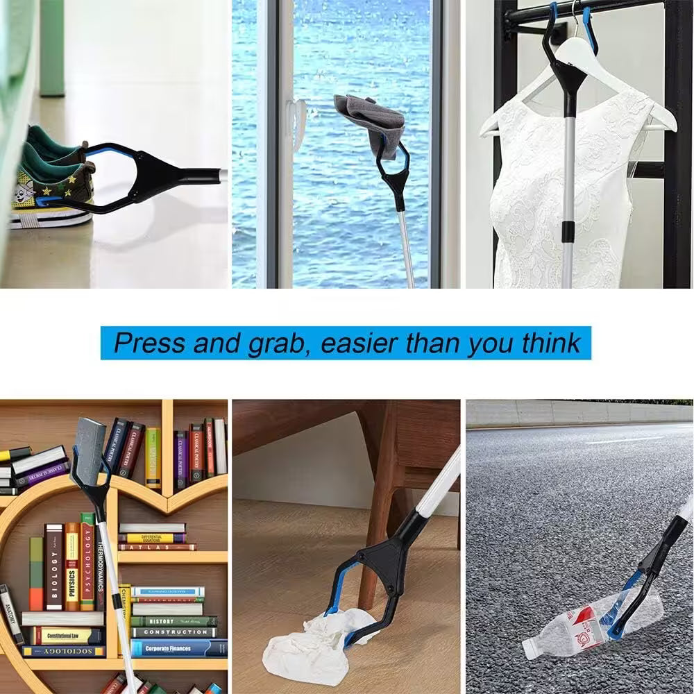 Collage of a cleaning tool used for various tasks including cleaning windows, hangers, books, and a carpet.