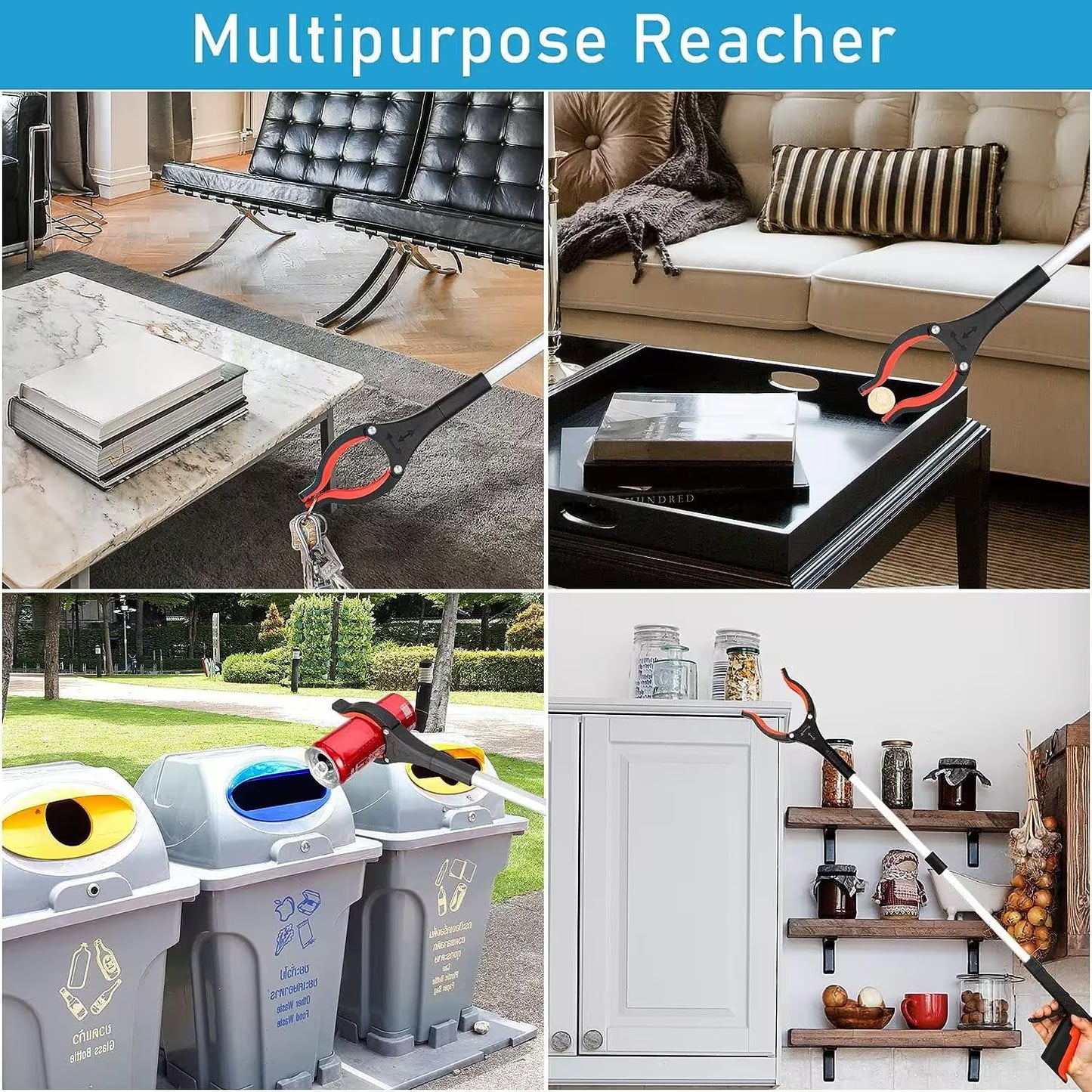 Collage of a multipurpose reacher being used in various settings including a living room, outdoor area, and kitchen.