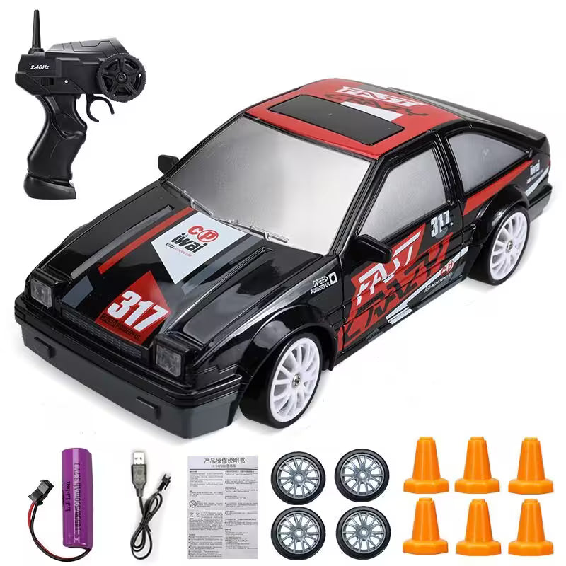 Toy car with remote control, battery, and accessories on a white background