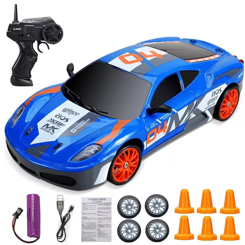 Blue toy race car with remote control, battery, and accessories on a white background