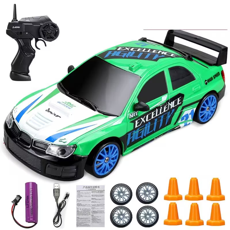 Toy race car with remote control, battery, and accessories on a white background