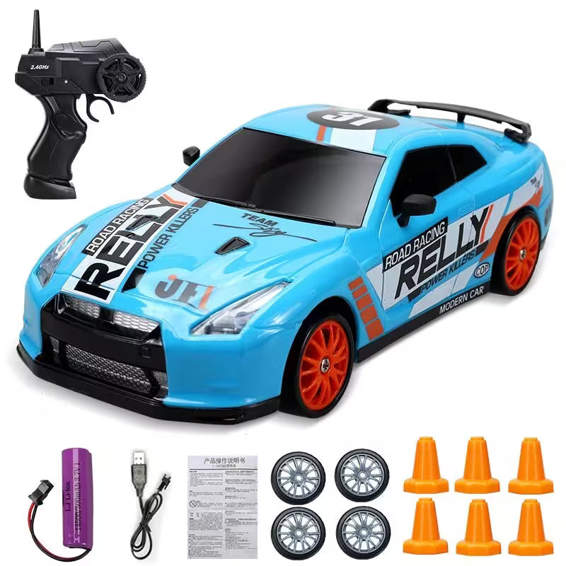 Toy race car with remote control, battery, and accessories on a white background