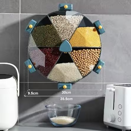 Multicolored seed or grain storage container with measurements on a kitchen background