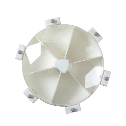 Round white object with multiple sections on a white background