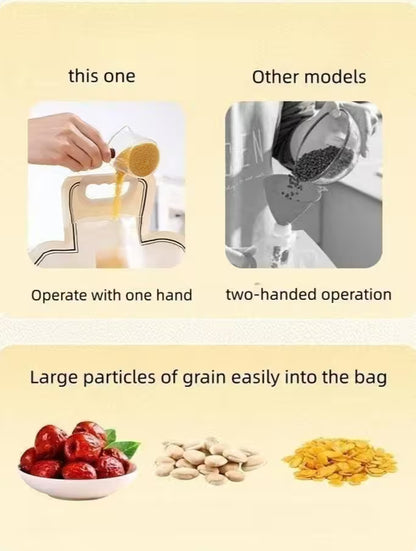 Comparison of a hand-operated grain dispenser with other models on a beige background.