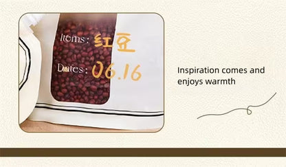 Container with red beans and text on a beige background