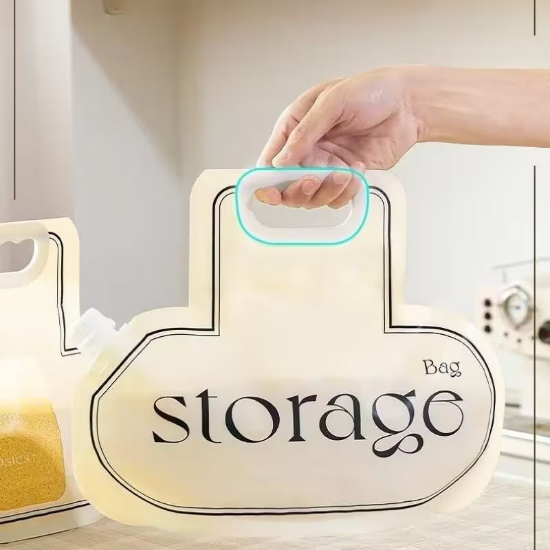 Hand holding a beige storage bag with 'storage' text on a neutral background