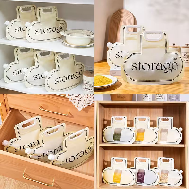 Set of 'storage' containers in various settings including a shelf, table, and drawer.