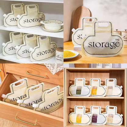 Set of 'storage' containers in various settings including a shelf, table, and drawer.
