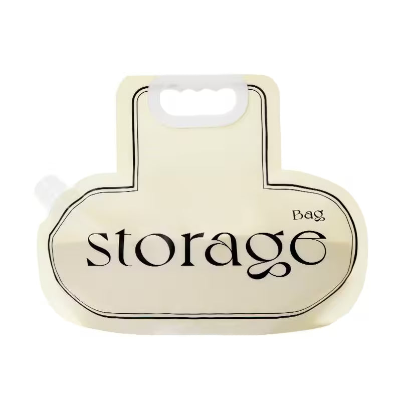 Beige storage bag with 'storage' text on a white background