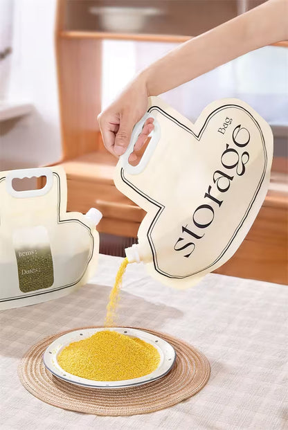 Heart-shaped storage container labeled 'storage' being used to pour yellow powder onto a plate.