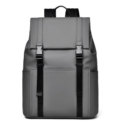 Gray backpack with black straps on a white background