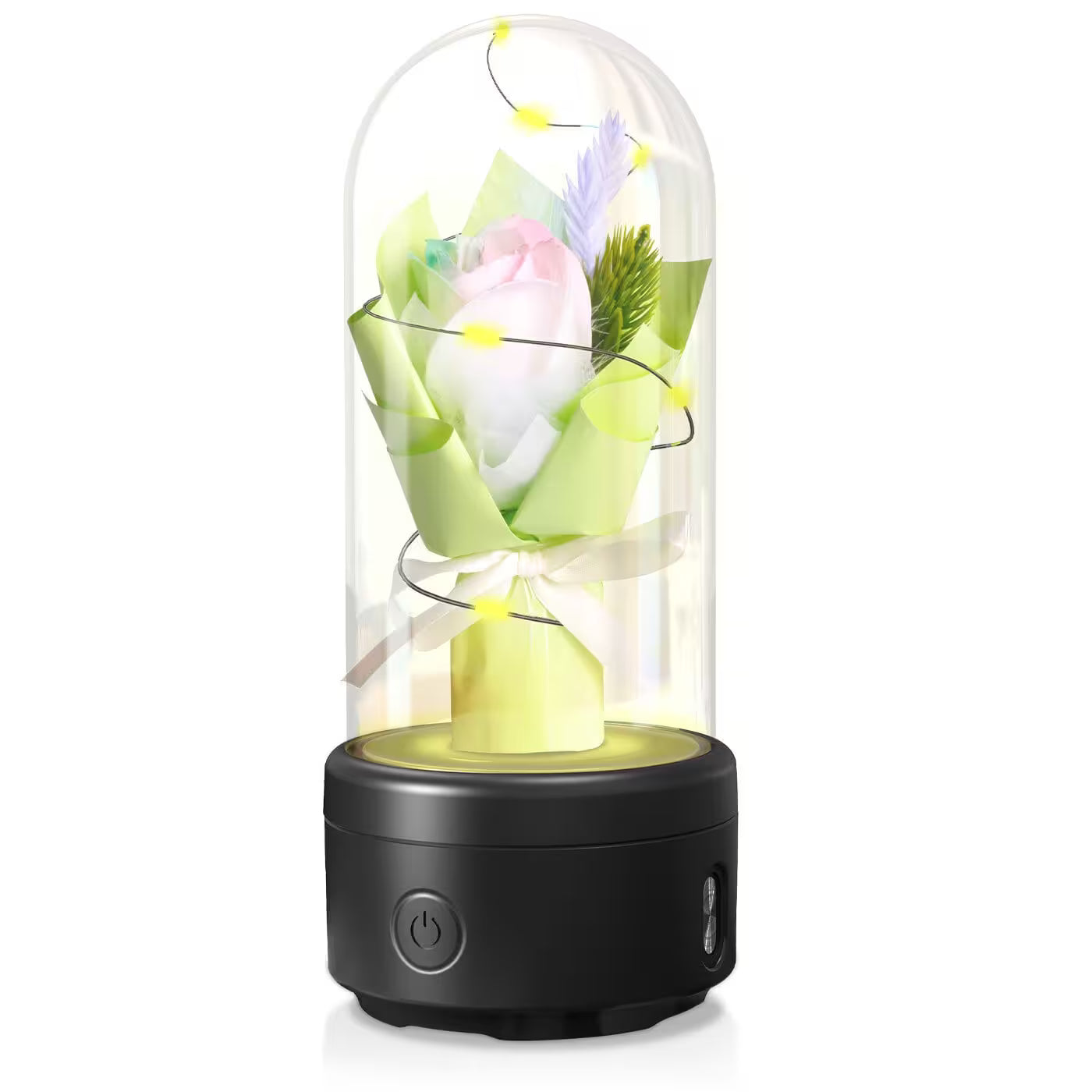 Decorative lamp with flowers inside a glass dome on a white background