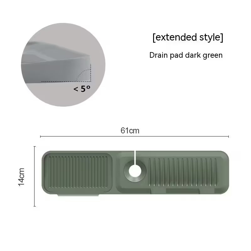 Green drain pad with dimensions and angle measurement on a white background