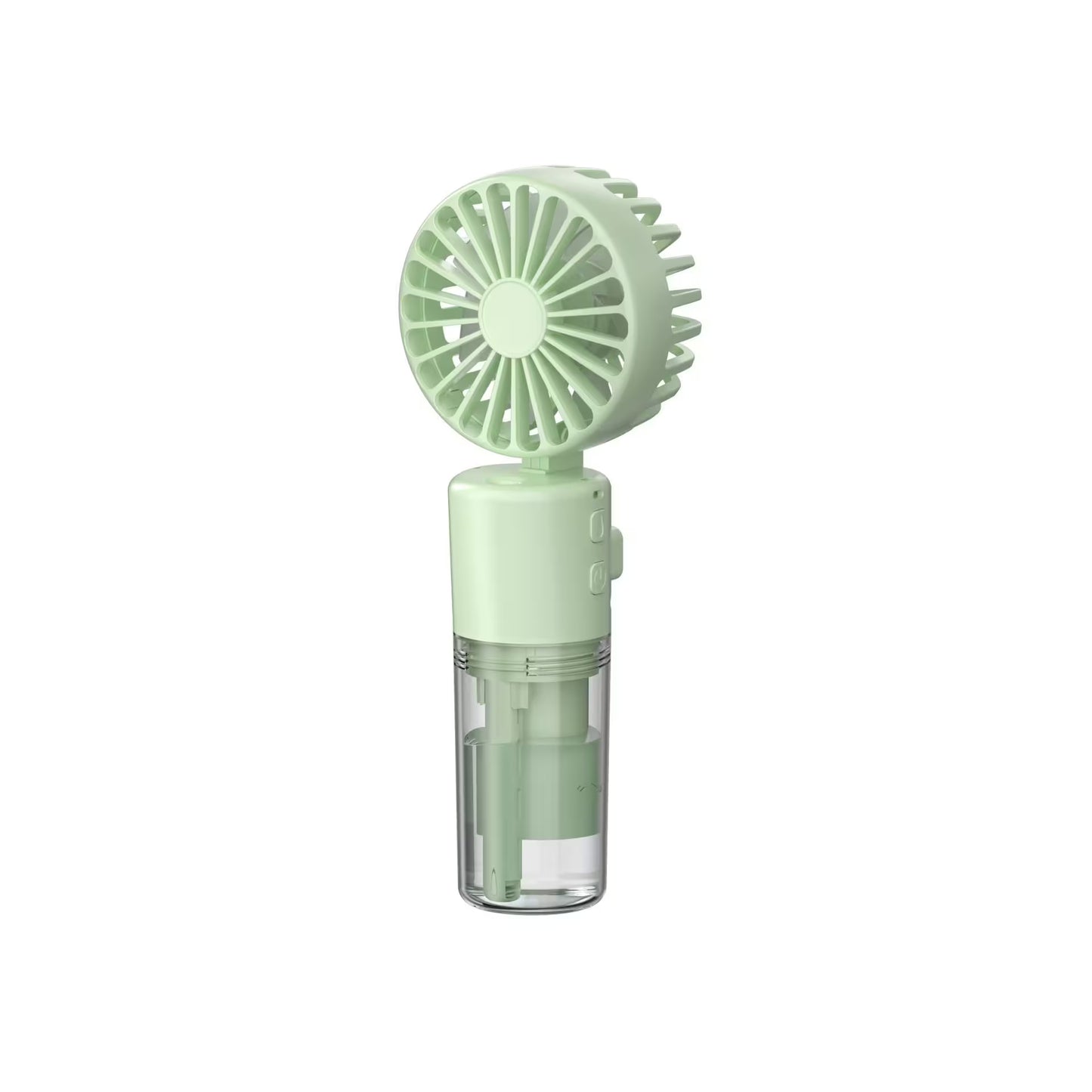 Green handheld fan on a white background