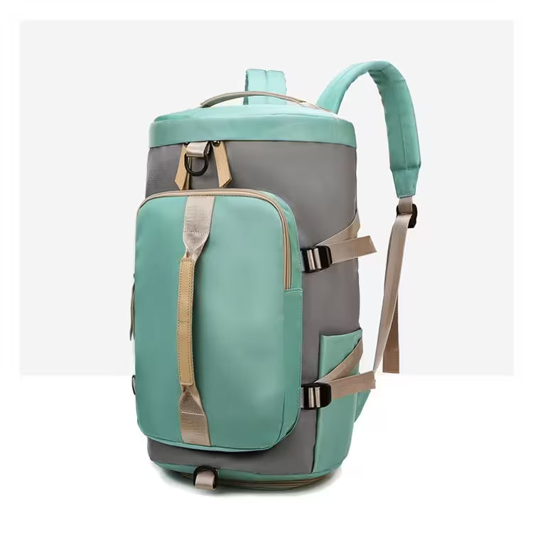 Green and gray backpack with beige accents on a white background