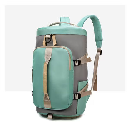 Green and gray backpack with beige accents on a white background